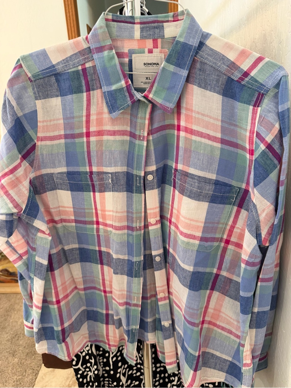 Sonoma Plaid Button-Up Shirt in Blue, Green, Pink